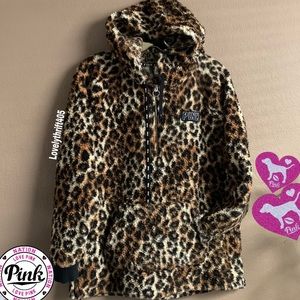 VICTORIAS SECRET PINK SHERPA HOODIE BOYFRIEND LEOPARD PRINT SIZE M